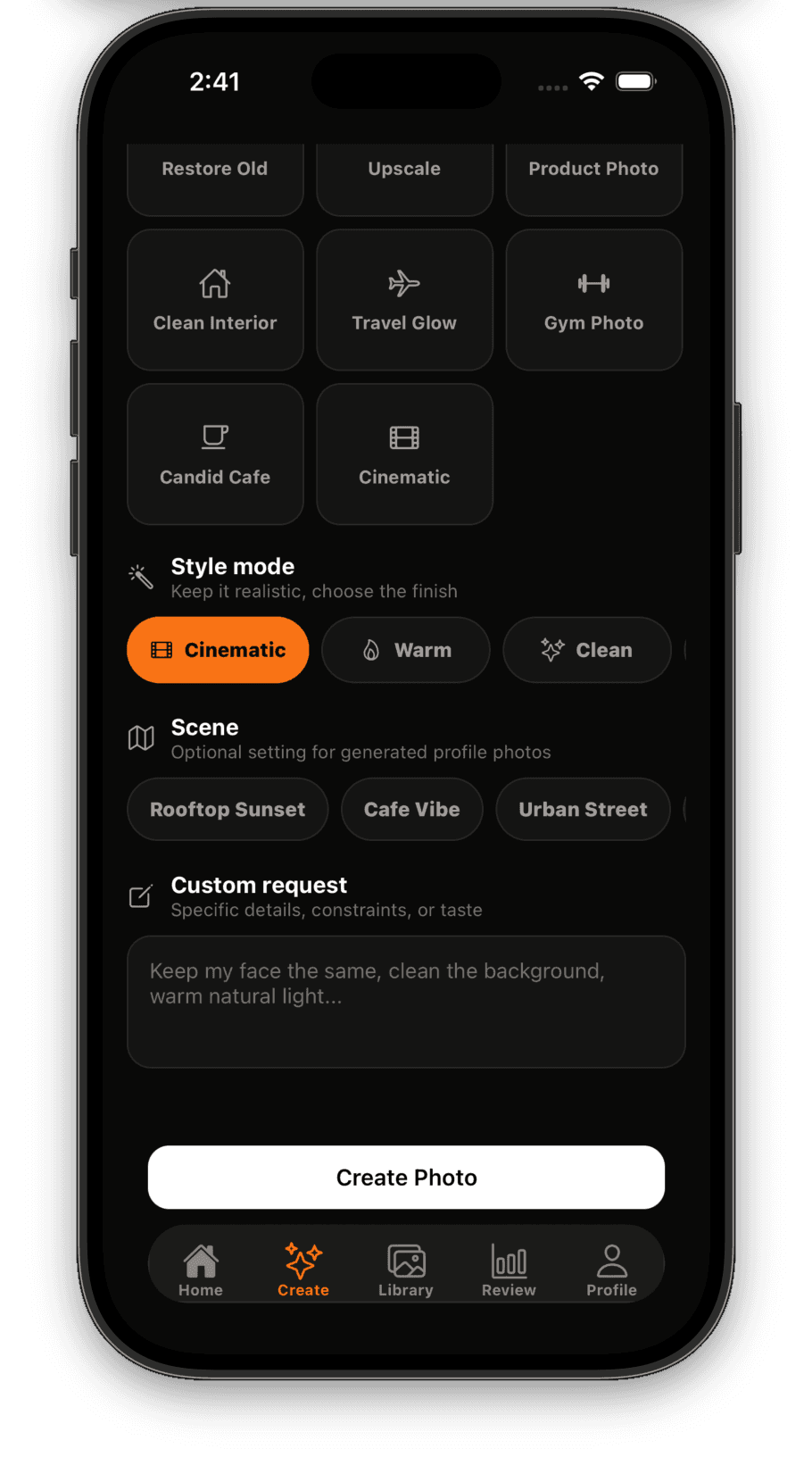 Magnt create screen for AI photo enhancement