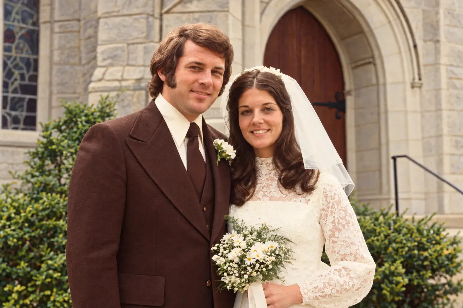 Restored wedding photo of a couple outside a church, in clear color