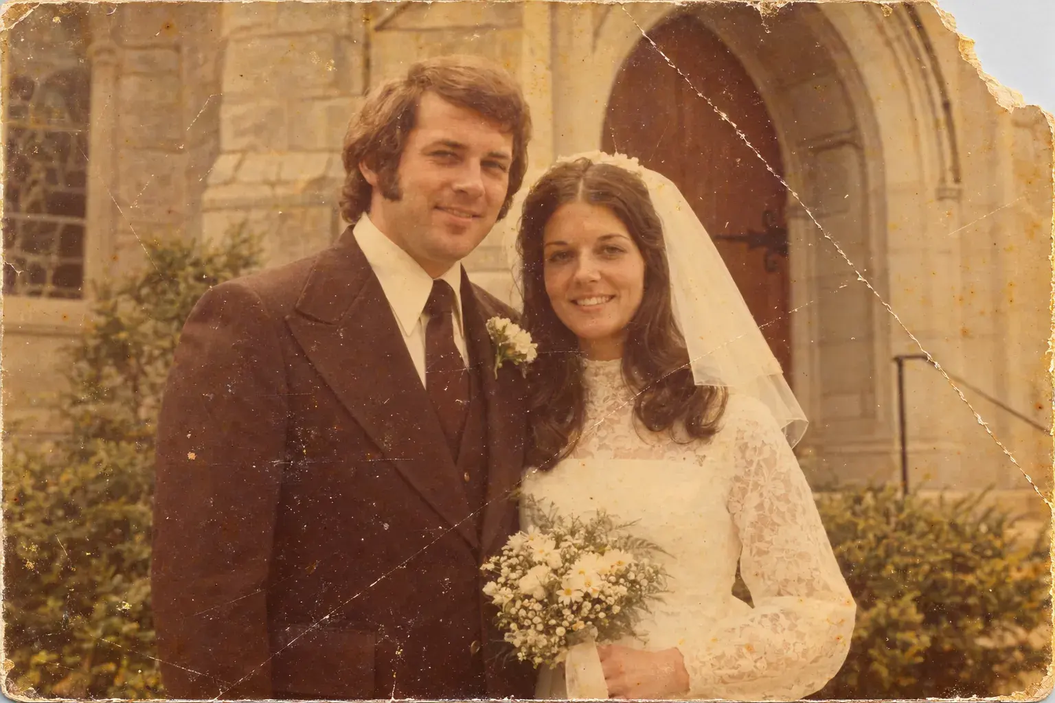 Faded, scratched old wedding photo