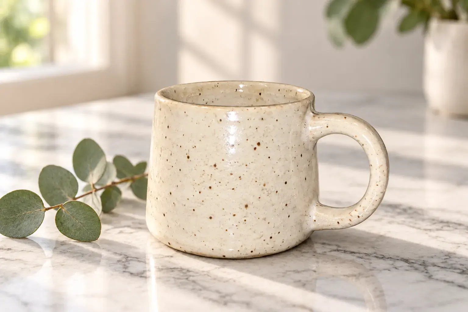 Speckled ceramic mug on marble in soft morning daylight