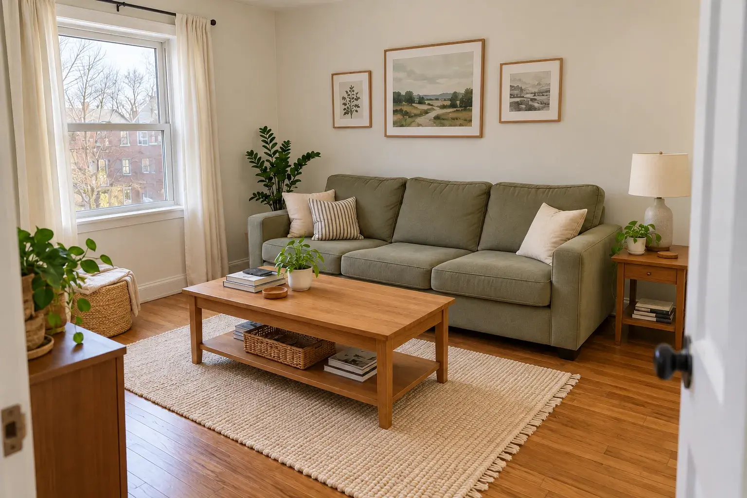 Tidy living room with a green sofa in daylight