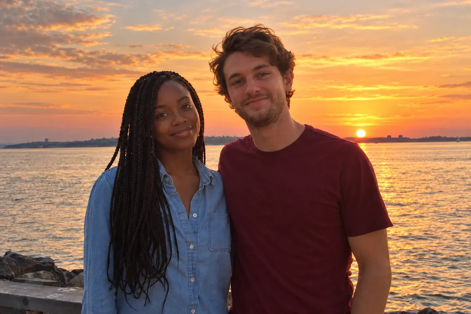 Two friends on a beach at sunset with balanced exposure