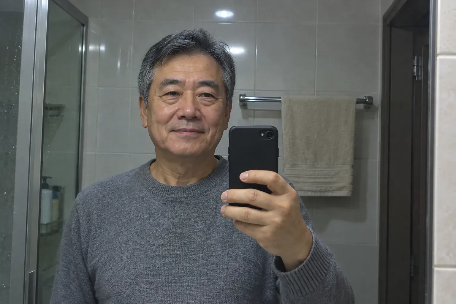 Bathroom mirror selfie of an older man