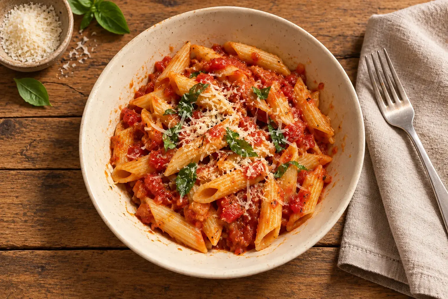 Bowl of penne on a wooden table in natural side light