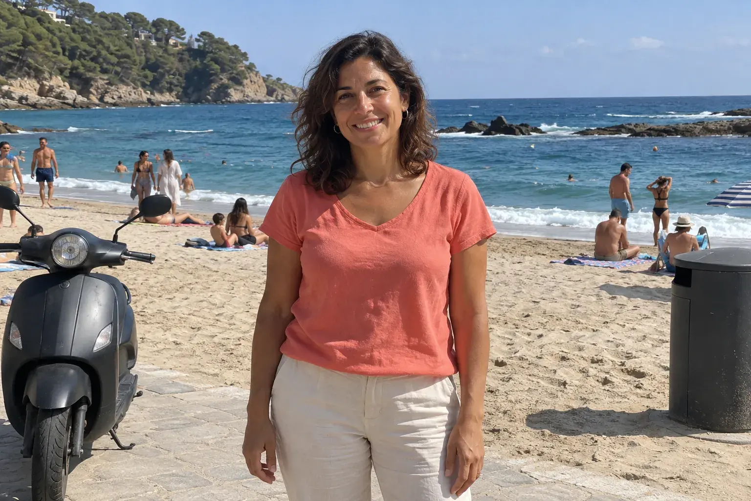 Woman on a crowded beach with strangers behind her