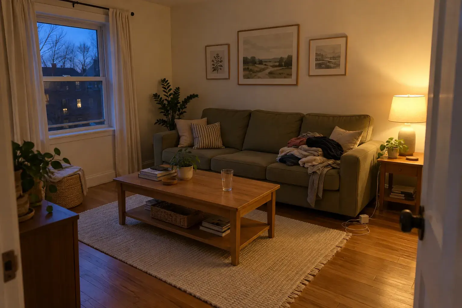 Messy living room at dusk