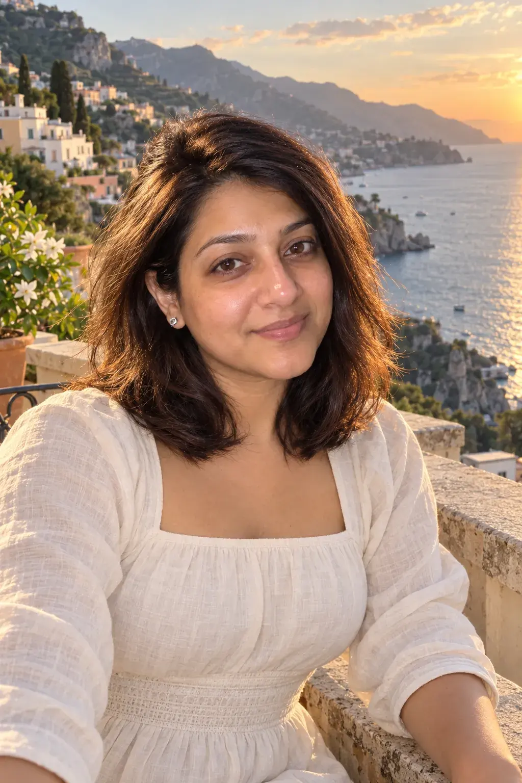 The same woman in a white dress on an Amalfi coast terrace at sunset