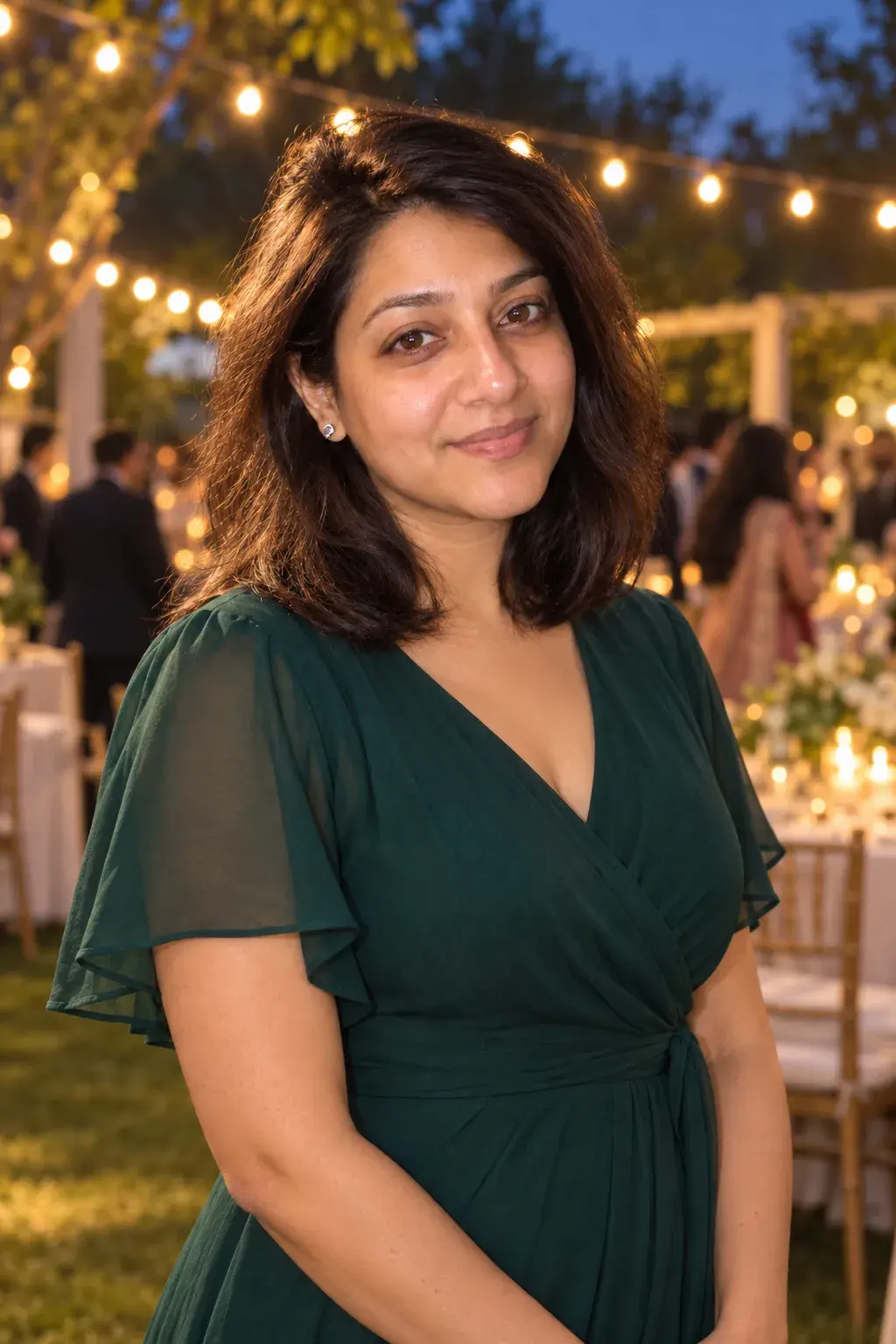 The same woman in a green dress as a wedding guest under string lights